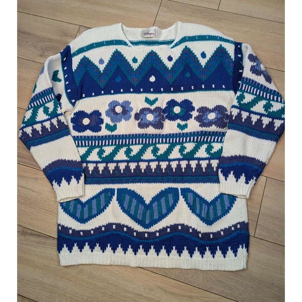 Vintage 90s Worthington White Blue Floral Cotton Blend Chunky Knit Sweater Sz L